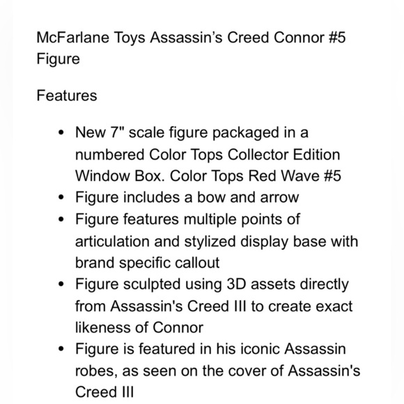 Assassins Creed 7” Action Figure Connor #5 Red Wave Color Tops Collector Edition - Picture 14 of 14